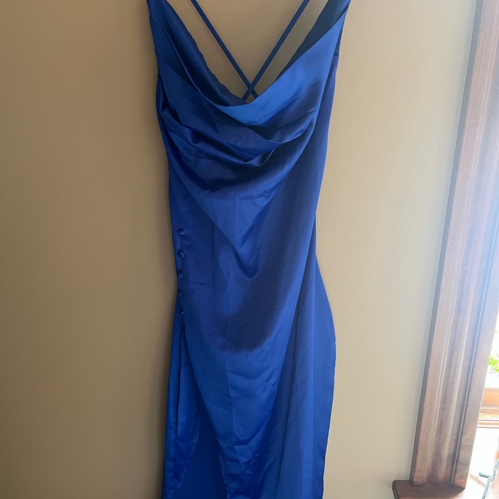 Boohoo Blue Ruched Slip Dress Cowl Neck Sleeveless
